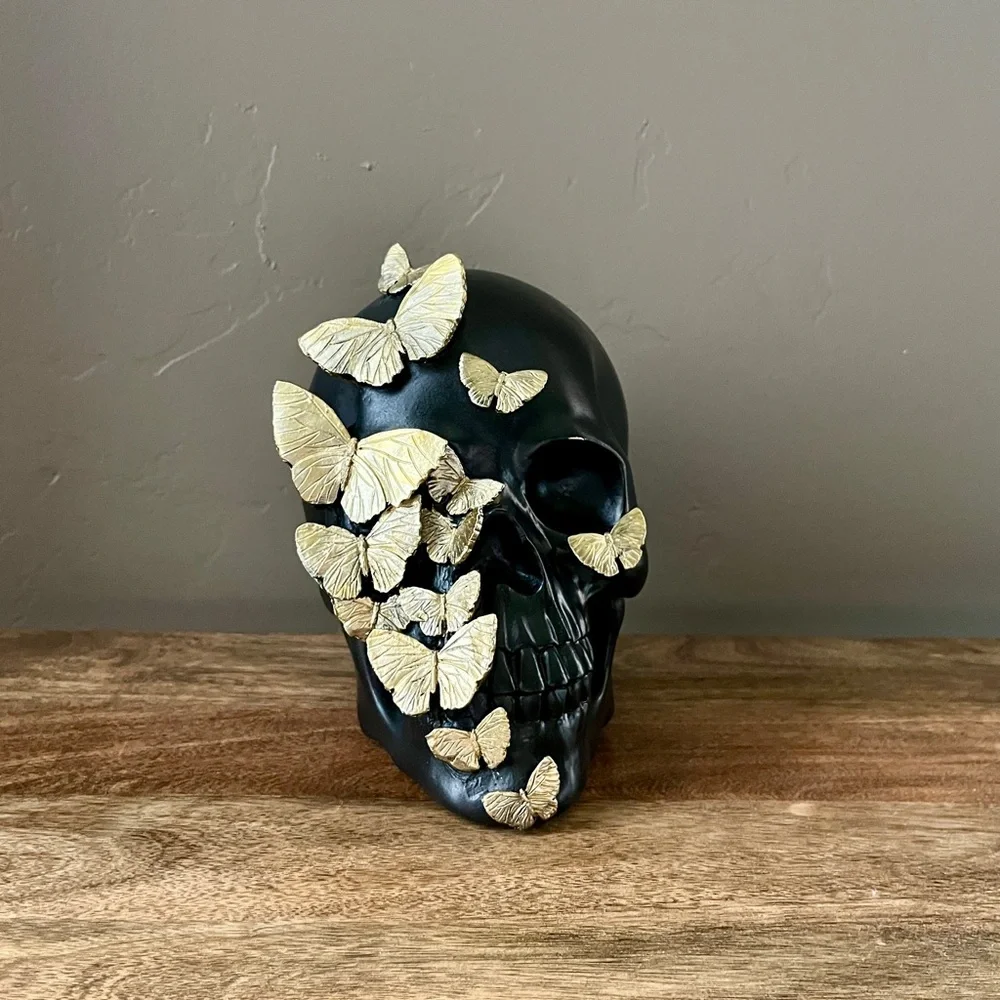 Black Skeleton Skull Gold Metal Butterflies Dark Coquette Glam Gilded Halloween
